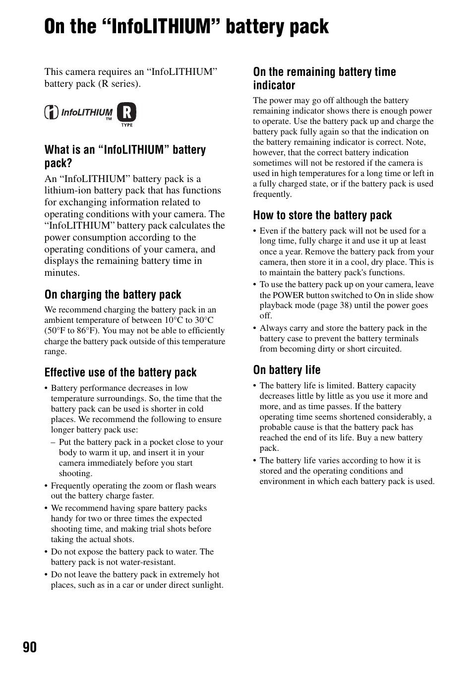 On the “infolithium” battery pack | Sony DSC-P200 User Manual | Page 90 / 99
