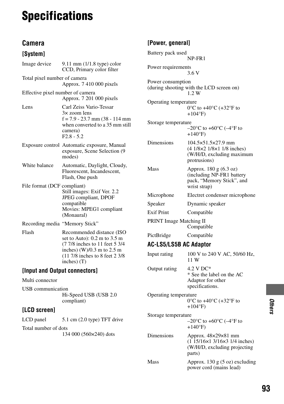 Specifications, Camera | Sony DSC-P200 User Manual | Page 93 / 99