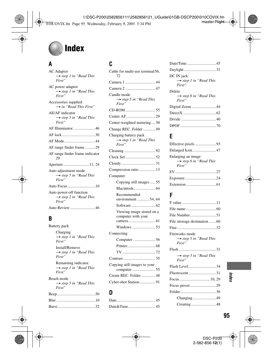 Index | Sony DSC-P200 User Manual | Page 95 / 99