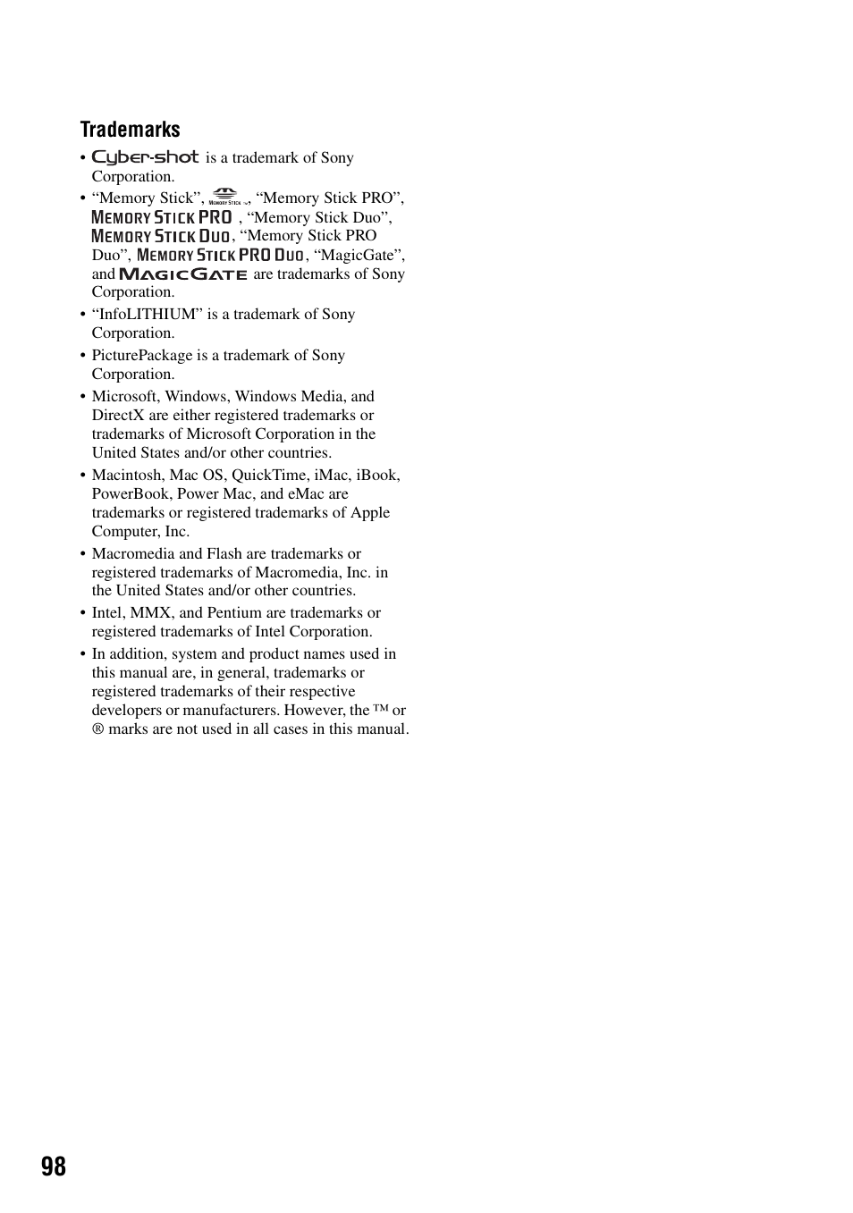 Trademarks | Sony DSC-P200 User Manual | Page 98 / 99