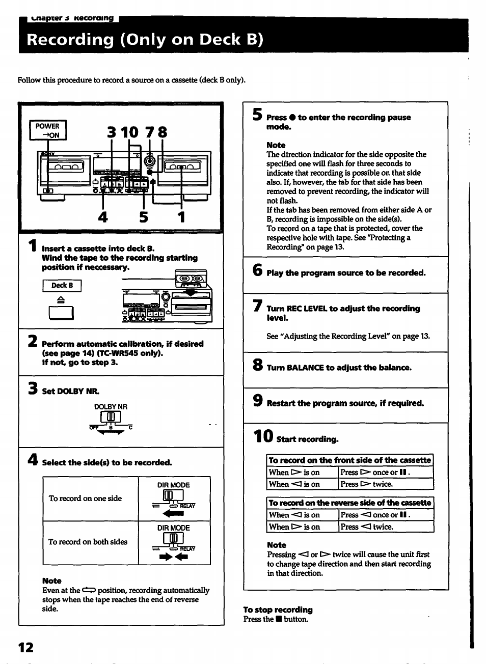 Recording (only on deck b) | Sony TC-WR545 User Manual | Page 12 / 21