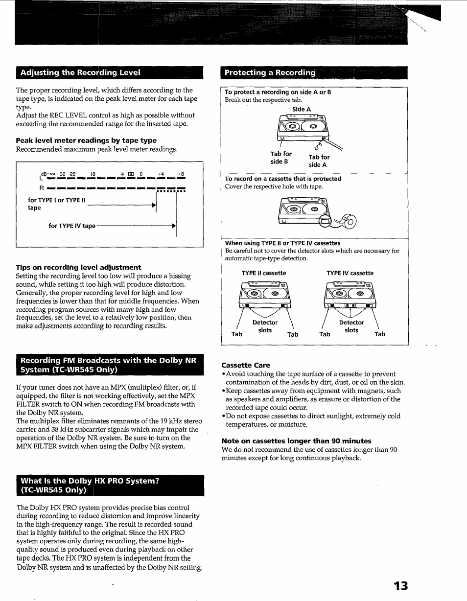 Peak level meter readings by tape type, Tips on recordihg level adjustment, Cassette care | Note on cassettes longer than 90 minutes | Sony TC-WR545 User Manual | Page 13 / 21