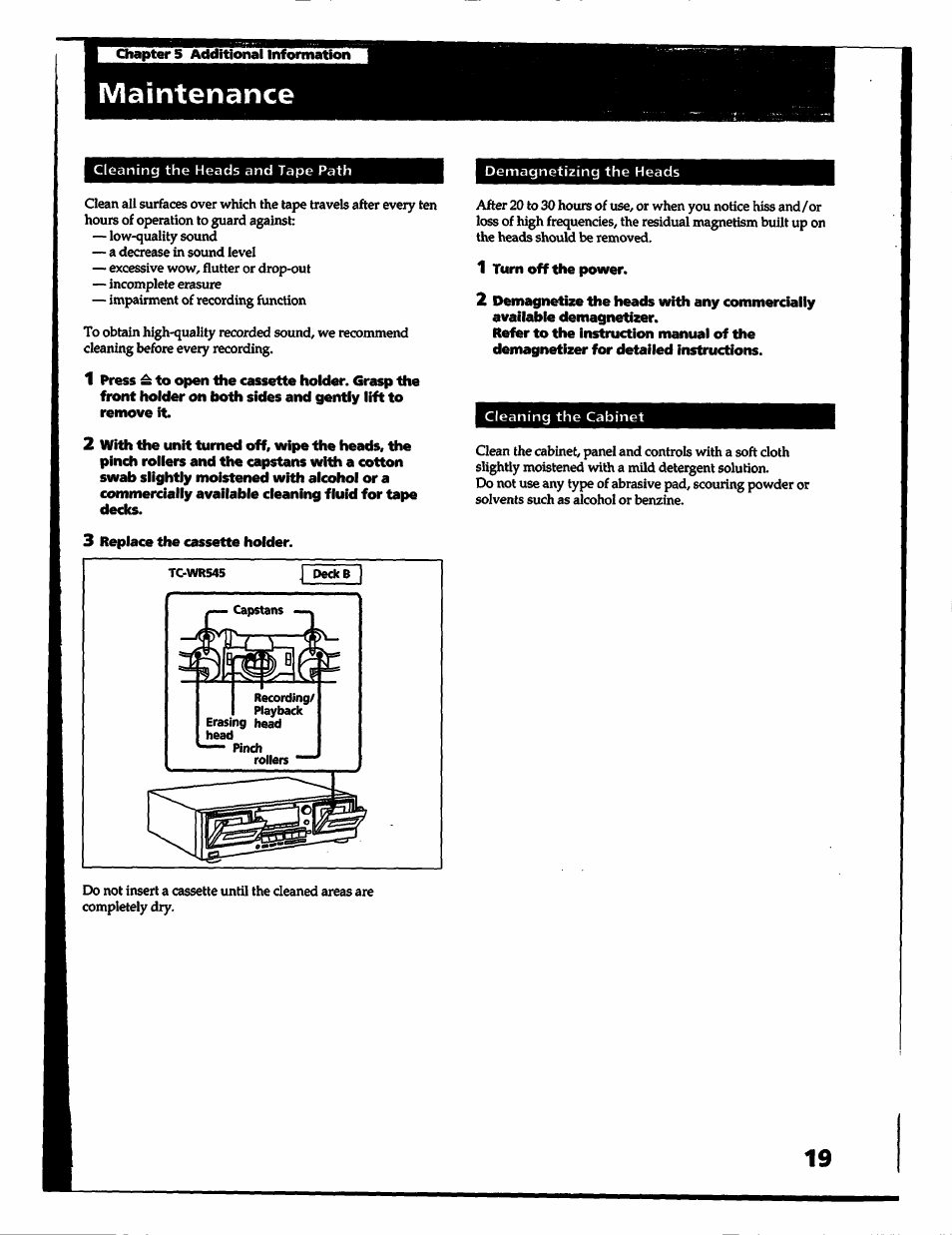 Maintenance | Sony TC-WR545 User Manual | Page 19 / 21