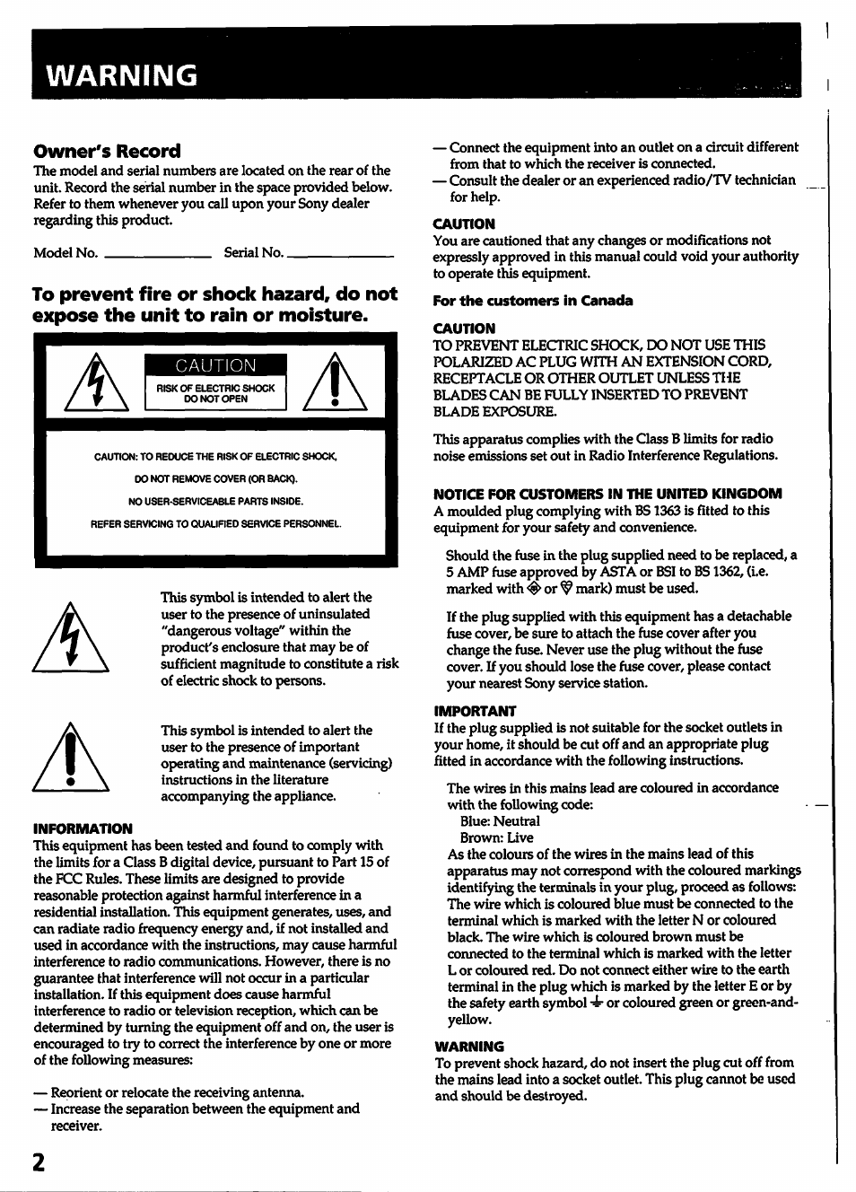 Owner's record, Warning | Sony TC-WR545 User Manual | Page 2 / 21