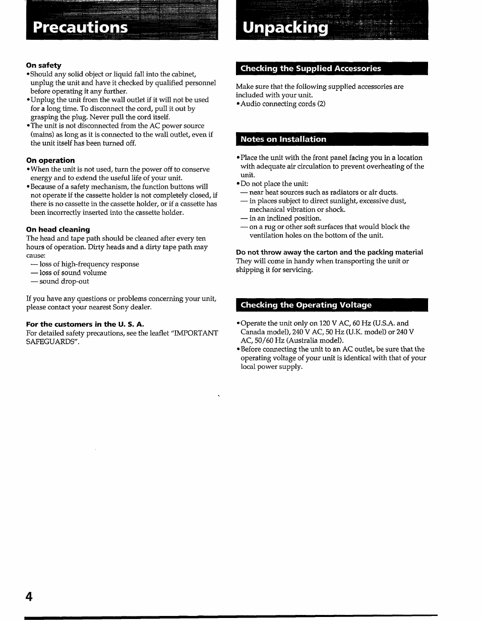 Precautions, Unpacking, On safety | On operation, On head cleaning, For the customers in the u. s. a, Precautions unpacking | Sony TC-WR545 User Manual | Page 4 / 21