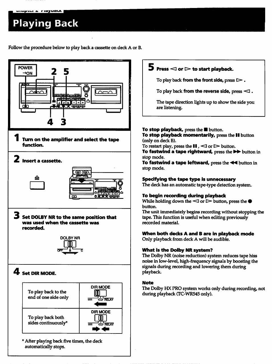 Playing back | Sony TC-WR545 User Manual | Page 7 / 21