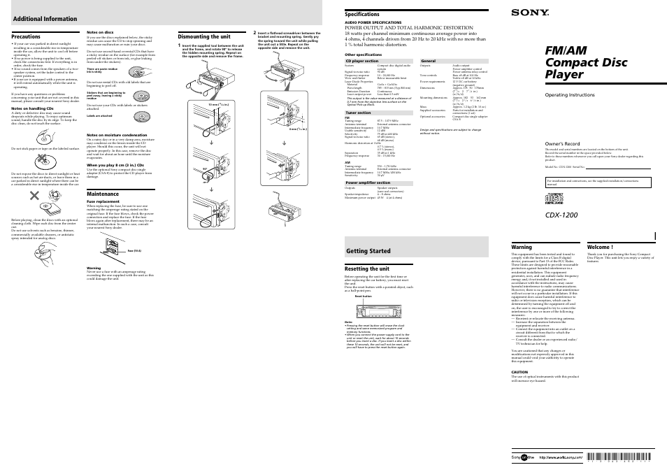 Sony CDX-1200 User Manual | 2 pages