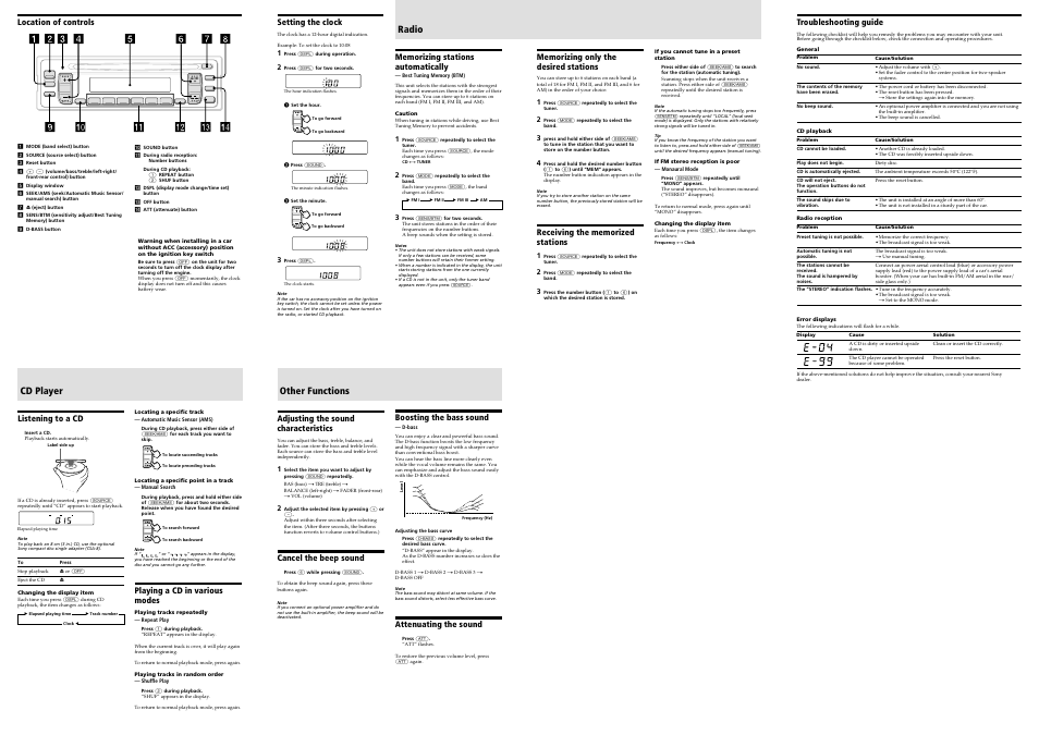 Seek ams seek ams, Cd player, Radio | Other functions | Sony CDX-1200 User Manual | Page 2 / 2