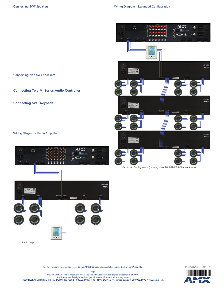 Connecting swt speakers, Connecting non-swt speakers, Connecting to a mi-series audio controller | Connecting swt keypads, Wiring diagram - single amplifier, Wiring diagram - expanded configuration | AMX DAS-IAMP4 User Manual | Page 2 / 2