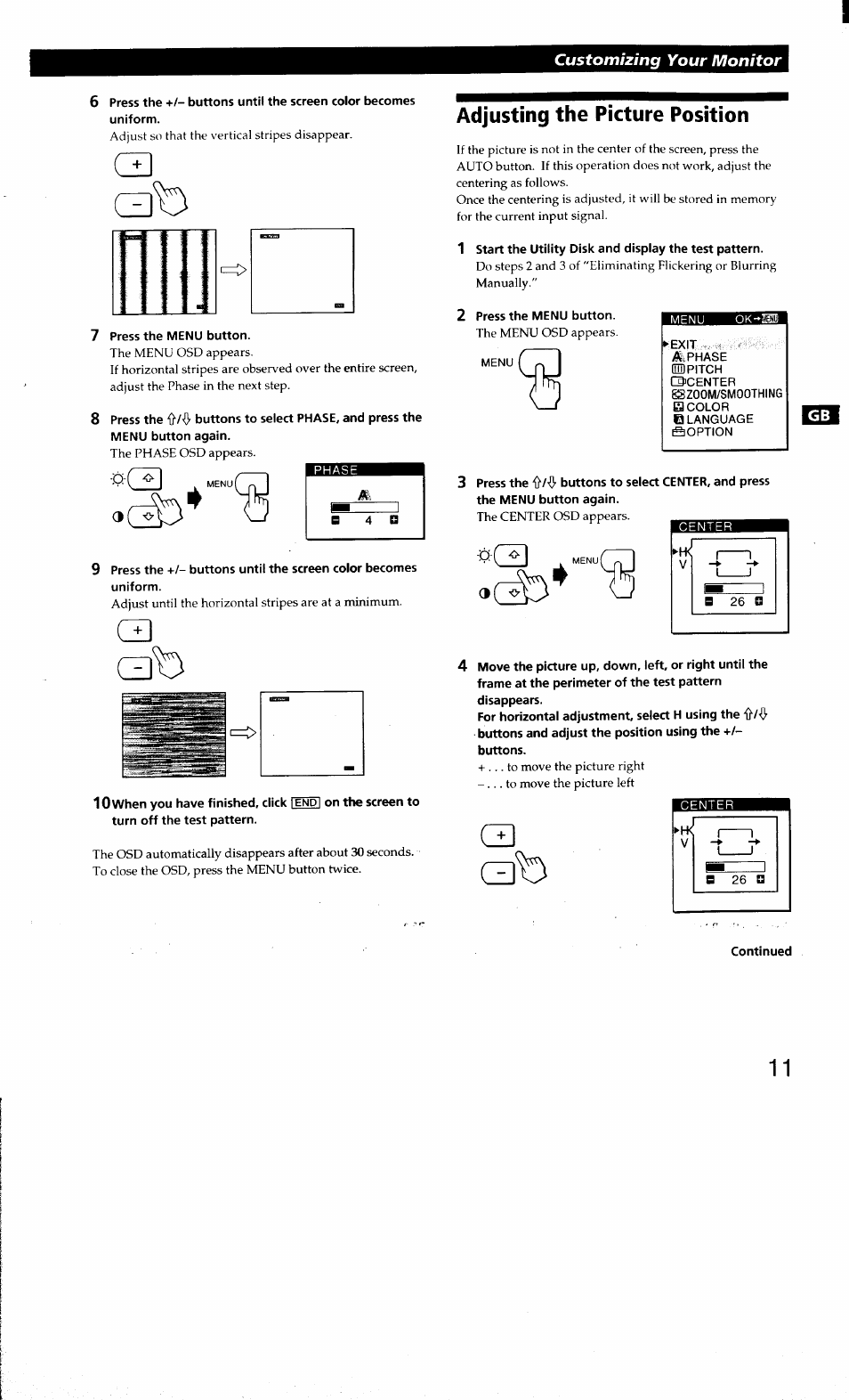 Adjusting the picture position | Sony CPD-L181 User Manual | Page 11 / 20