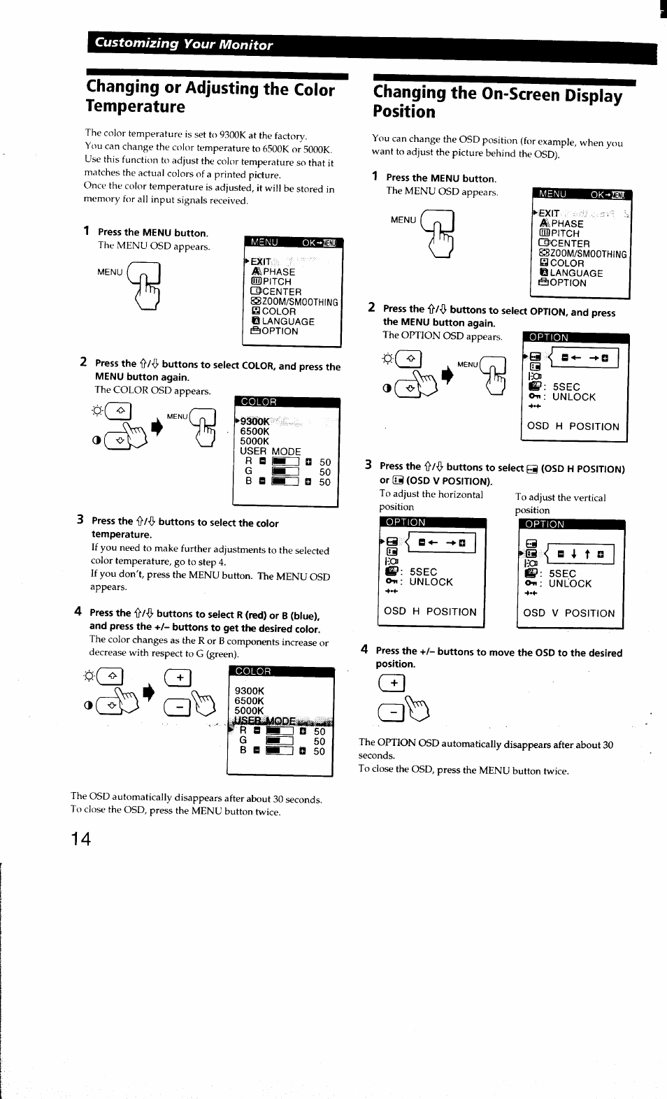 Changing or adjusting the color temperature, Changing the on-screen display position, Customizing your monitor | Sony CPD-L181 User Manual | Page 14 / 20