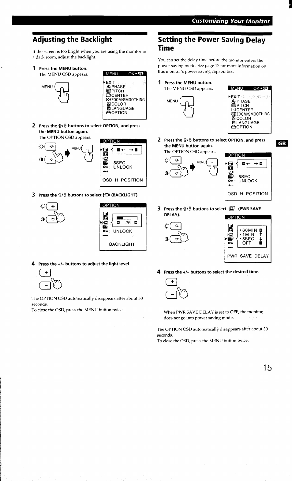 Adjusting the backlight, Setting the power saving delay time, S <r | Sony CPD-L181 User Manual | Page 15 / 20