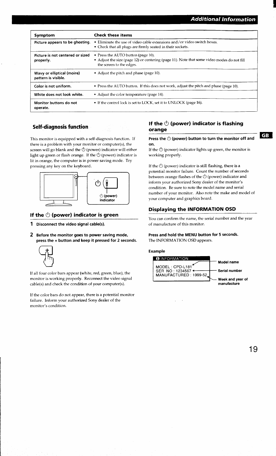 1 disconnect the video signal cable(s), Press and hold the menu button for 5 seconds, Example | Sony CPD-L181 User Manual | Page 19 / 20