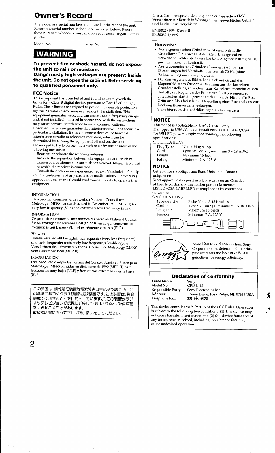 Owner's record, Warning | Sony CPD-L181 User Manual | Page 2 / 20