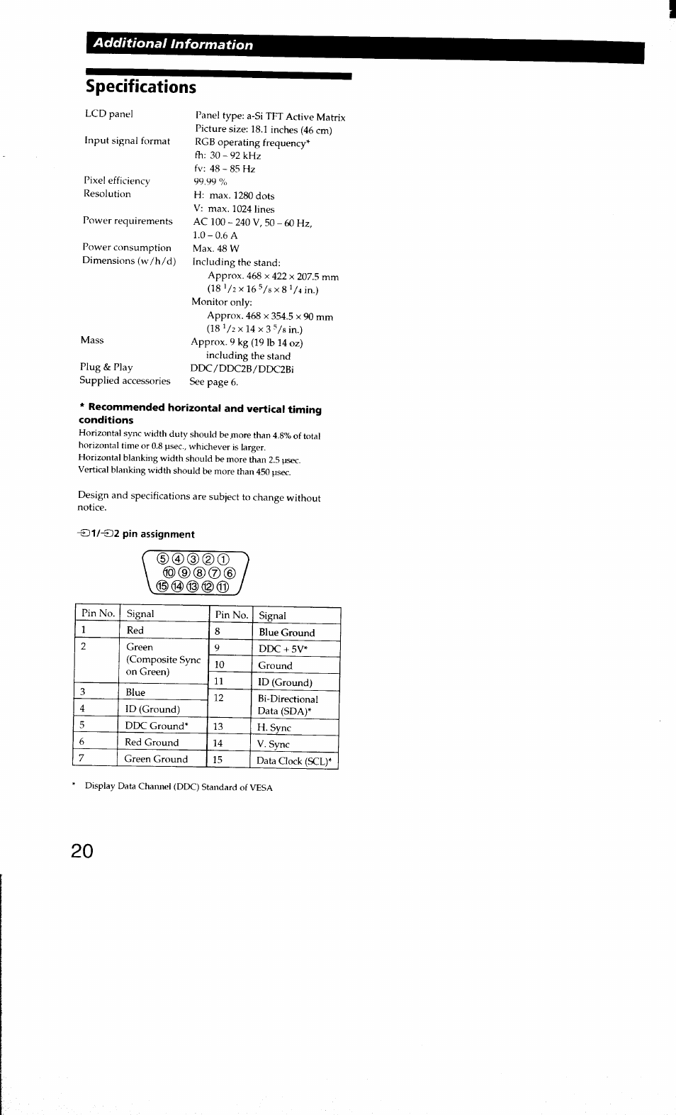 Specifications, Sd1/-s2 pin assignment | Sony CPD-L181 User Manual | Page 20 / 20