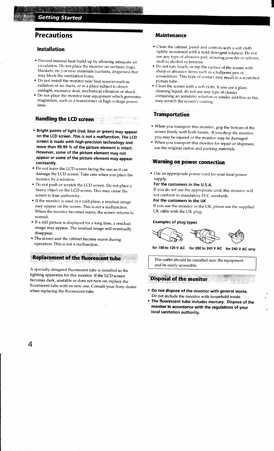 Precautions, Installation, Handling the lcd screen | Heplacement of the fluorescent tube, Maintenance, Transportation, Warning on power connection, Examples of plug types, Disposal of the monitor, Do not dispose of the monitor with general waste | Sony CPD-L181 User Manual | Page 4 / 20