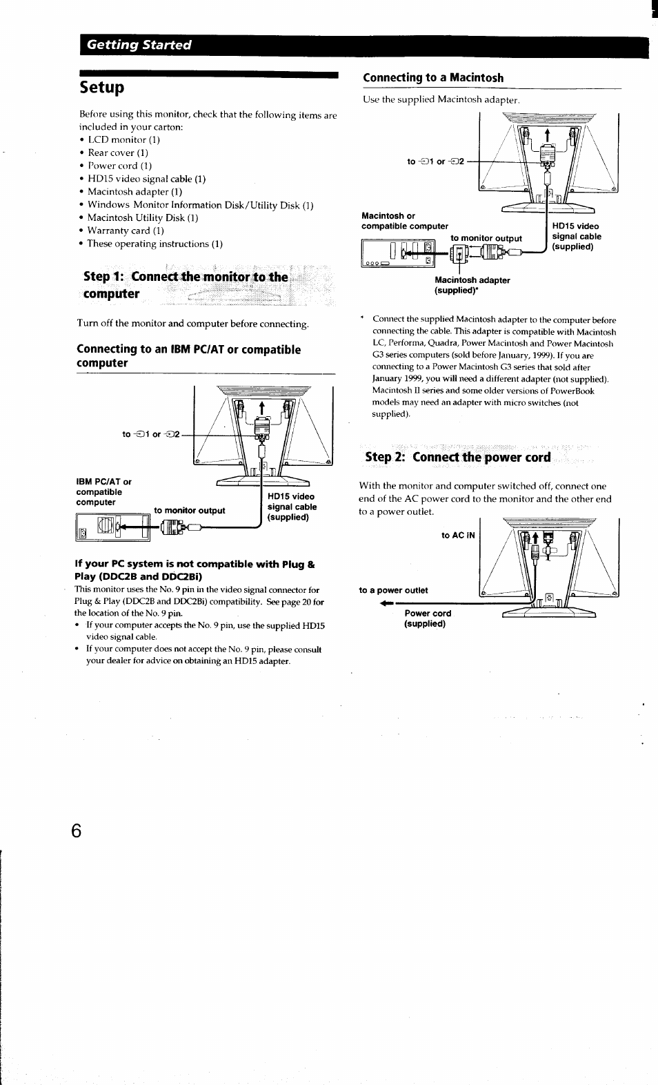 Stepi: connect the monitor to the computer, Step 2: connect the power cord, Setup | Sony CPD-L181 User Manual | Page 6 / 20