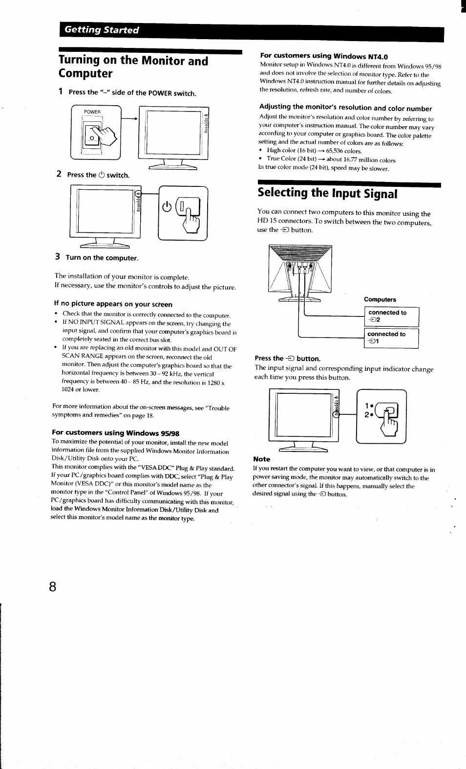 Turning on the monitor and computer, 1 press the side of the power switch, 2 press the c!) switch | If no picture appears on your screen, Selecting the input signal, Press the -0 button, Getting started | Sony CPD-L181 User Manual | Page 8 / 20