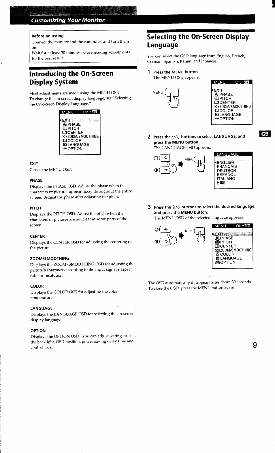 Introducing the on-screen display system, Exit, Phase | Pitch, Center, Zoom/smoothing, Color, Language, Option, Selecting the on-screen display language | Sony CPD-L181 User Manual | Page 9 / 20