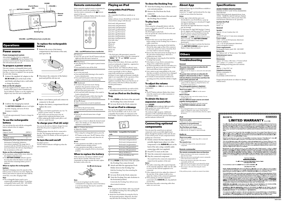 Others, Operations, Remote commander | Playing an ipod, Connecting optional components, About app, Troubleshooting, Power source, Specifications | Sony RDP-M15iP User Manual | Page 2 / 2