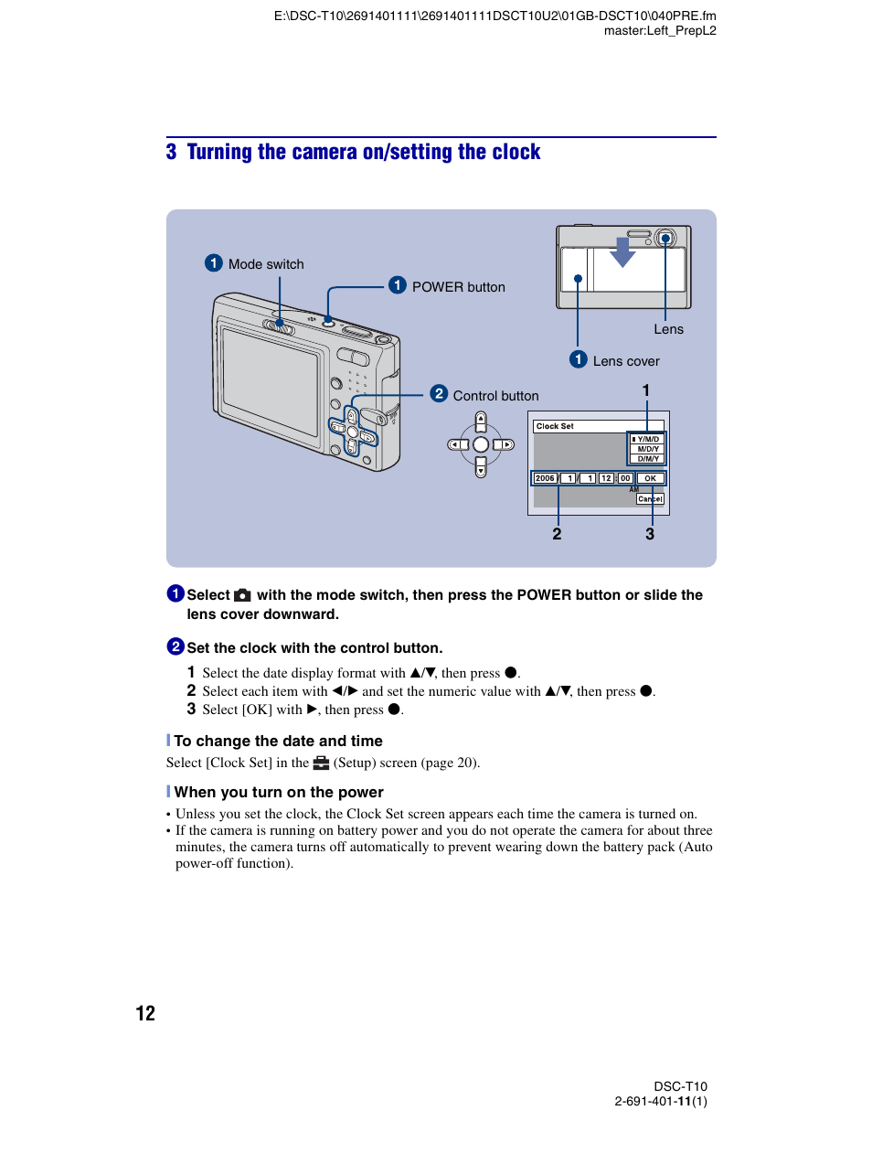 3 turning the camera on/setting the clock | Sony DSC-T10 User Manual | Page 12 / 32