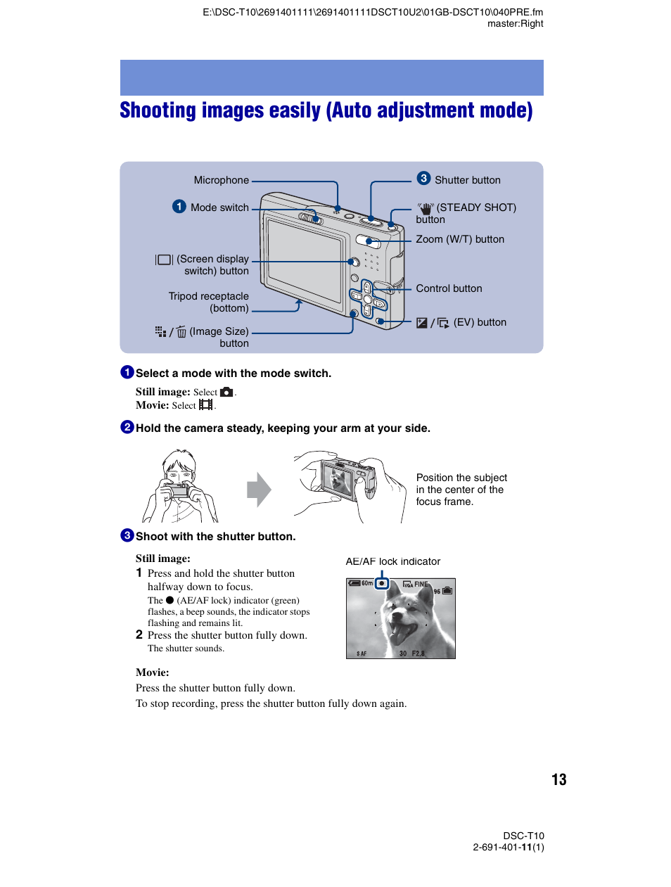 Shooting images easily (auto adjustment mode) | Sony DSC-T10 User Manual | Page 13 / 32