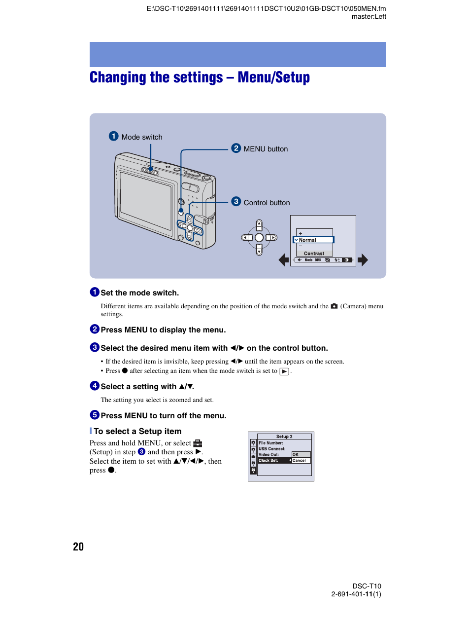 Changing the settings - menu/setup, Changing the settings – menu/setup | Sony DSC-T10 User Manual | Page 20 / 32