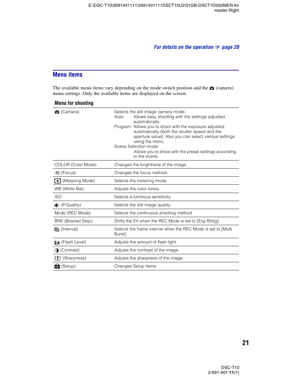 Menu items | Sony DSC-T10 User Manual | Page 21 / 32