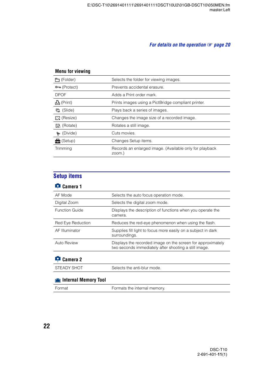Setup items | Sony DSC-T10 User Manual | Page 22 / 32