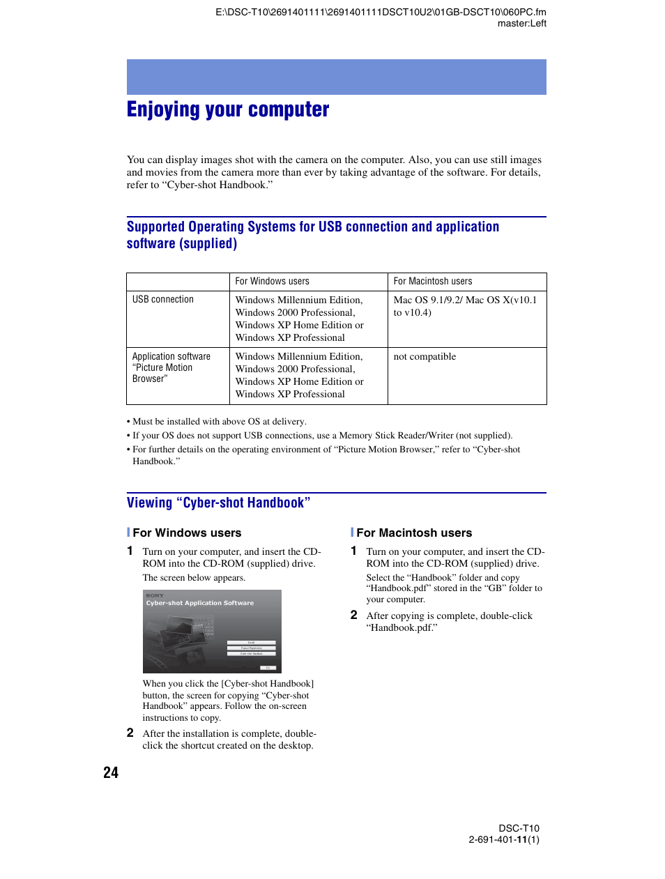 Enjoying your computer, Viewing “cyber-shot handbook | Sony DSC-T10 User Manual | Page 24 / 32