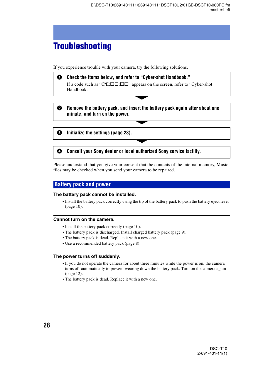 Troubleshooting, Battery pack and power | Sony DSC-T10 User Manual | Page 28 / 32