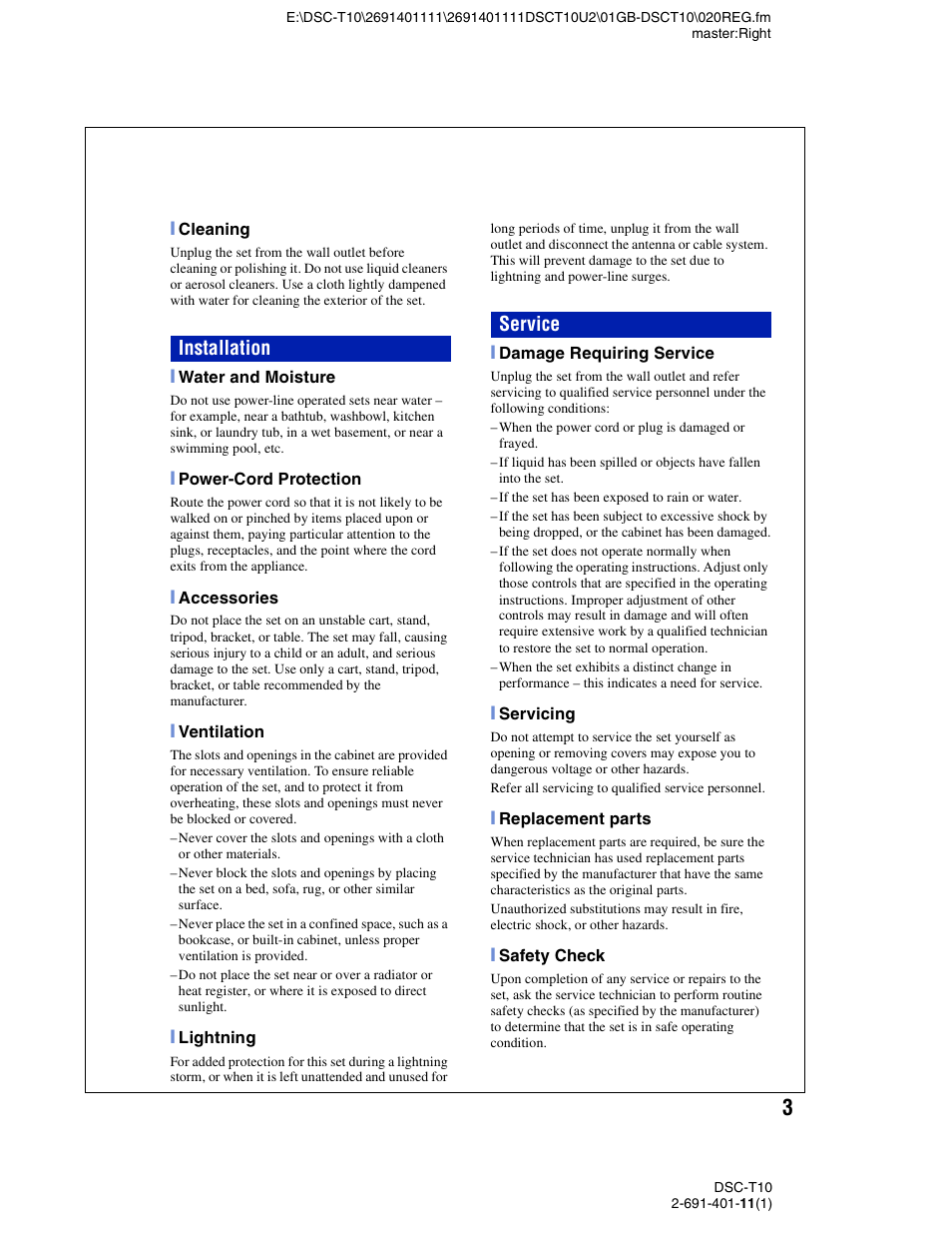 Installation service | Sony DSC-T10 User Manual | Page 3 / 32