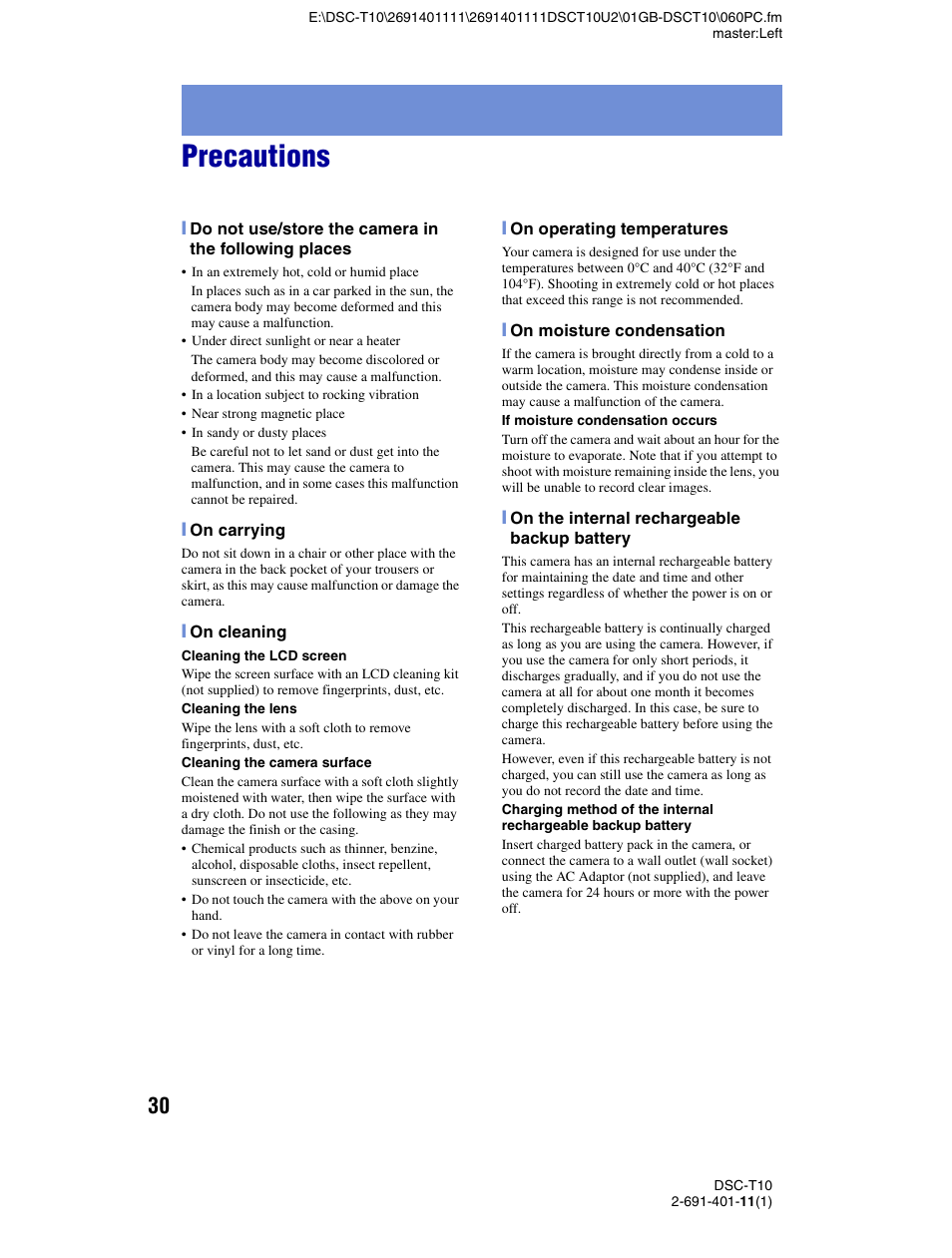 Precautions | Sony DSC-T10 User Manual | Page 30 / 32
