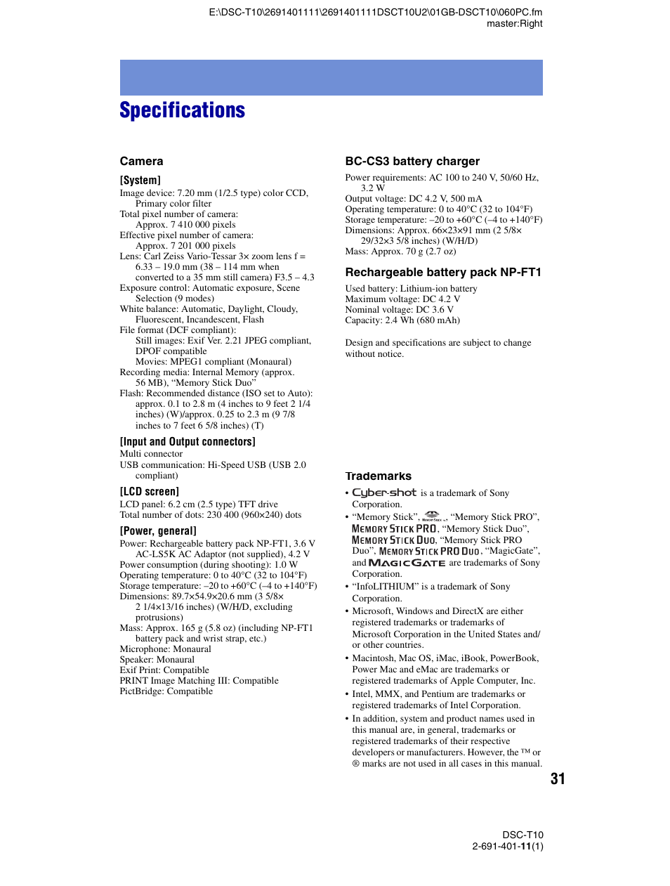 Specifications | Sony DSC-T10 User Manual | Page 31 / 32