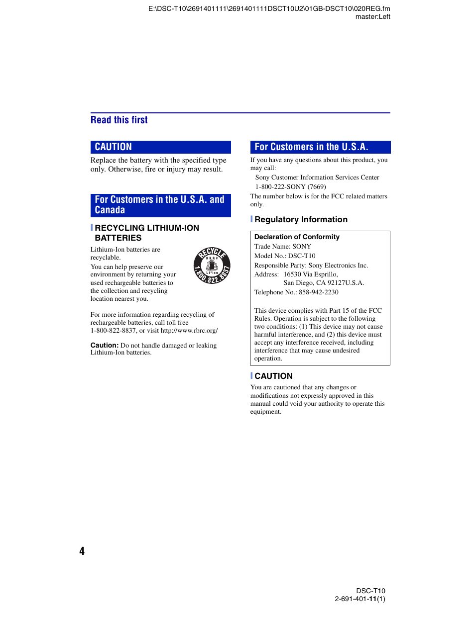 Read this first | Sony DSC-T10 User Manual | Page 4 / 32