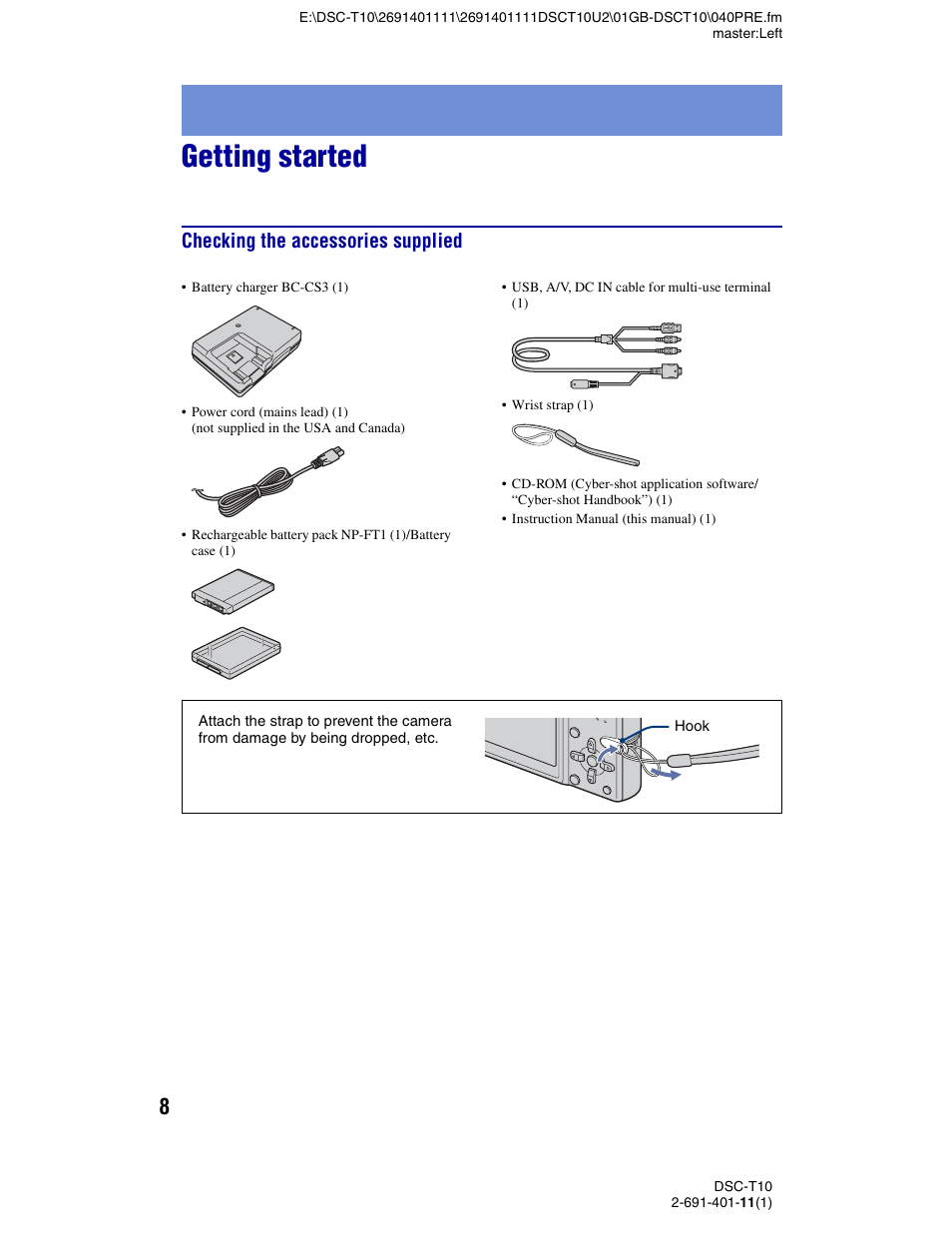 Getting started, Checking the accessories supplied | Sony DSC-T10 User Manual | Page 8 / 32