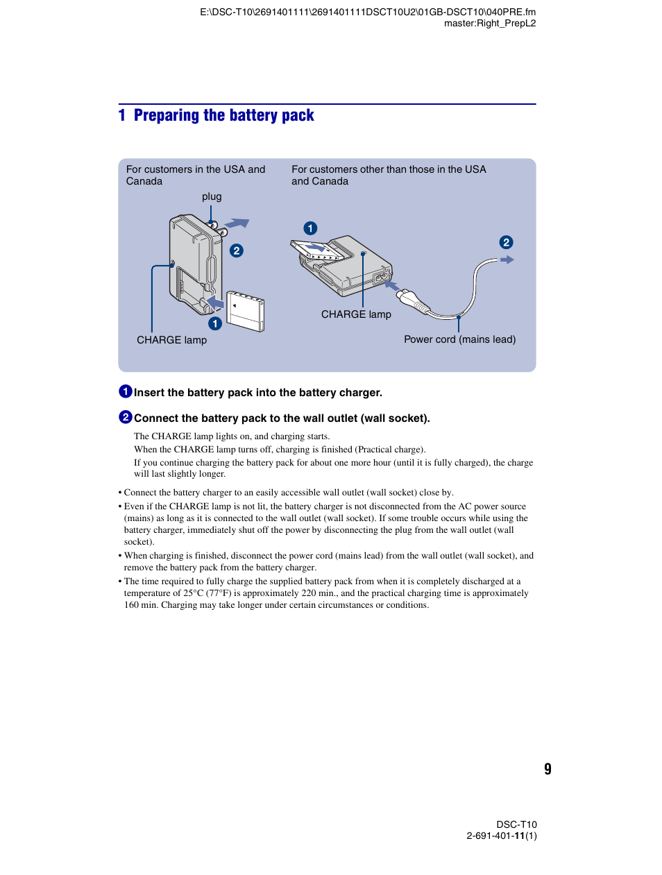 1 preparing the battery pack | Sony DSC-T10 User Manual | Page 9 / 32