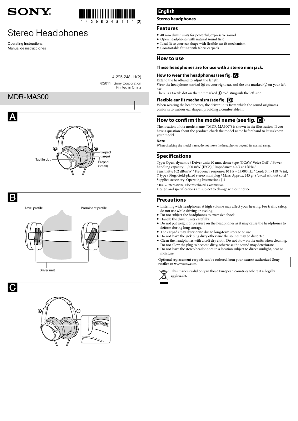 Sony MDR-MA300 User Manual | 2 pages