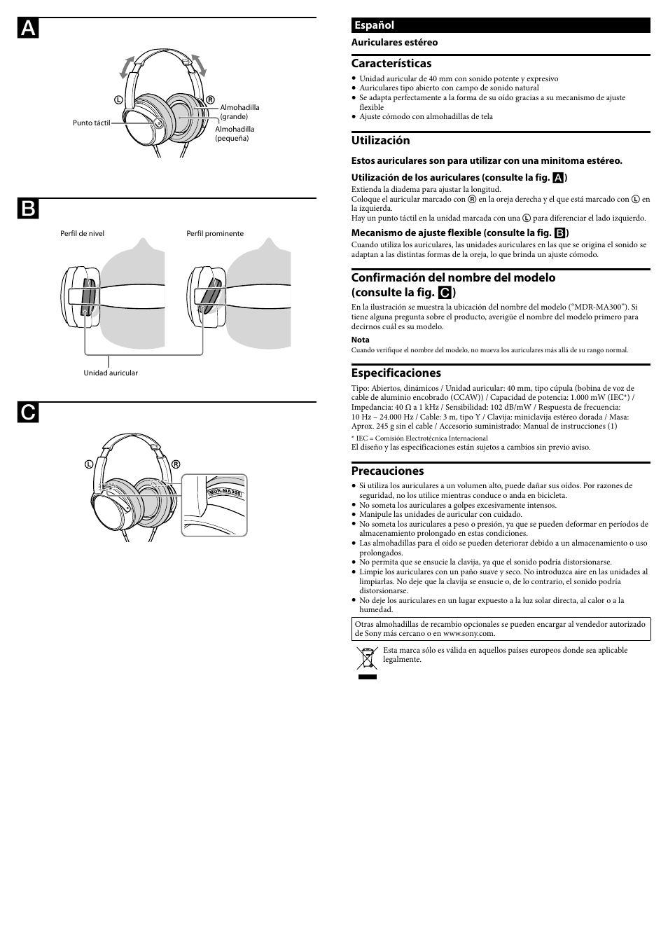 Características, Utilización, Especificaciones | Precauciones | Sony MDR-MA300 User Manual | Page 2 / 2