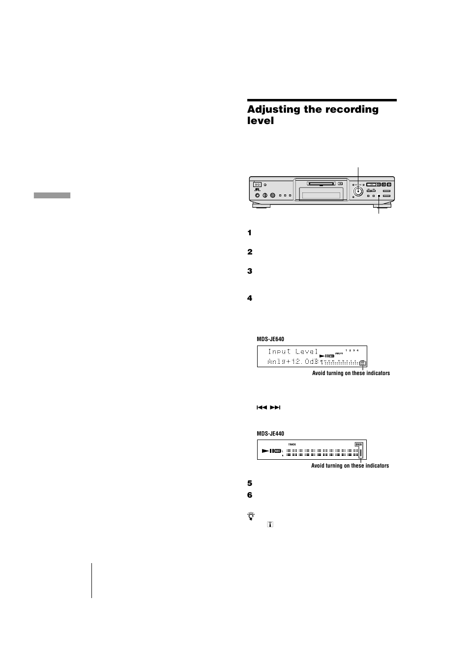 Adjusting the recording level, Ns (16) (2 | Sony MDS-JE440 User Manual | Page 16 / 60