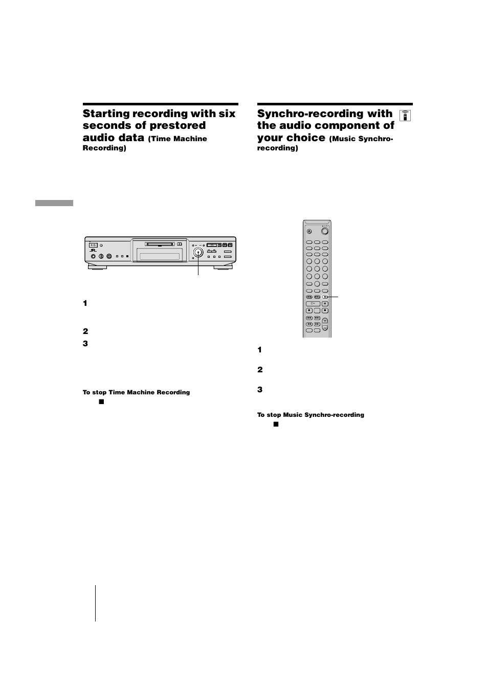 Data (time machine recording) 20, Synchro-recording with the audio component of your, Choice (music synchro-recording) 20 | On (20), Tton (20), Tor (20) | Sony MDS-JE440 User Manual | Page 20 / 60