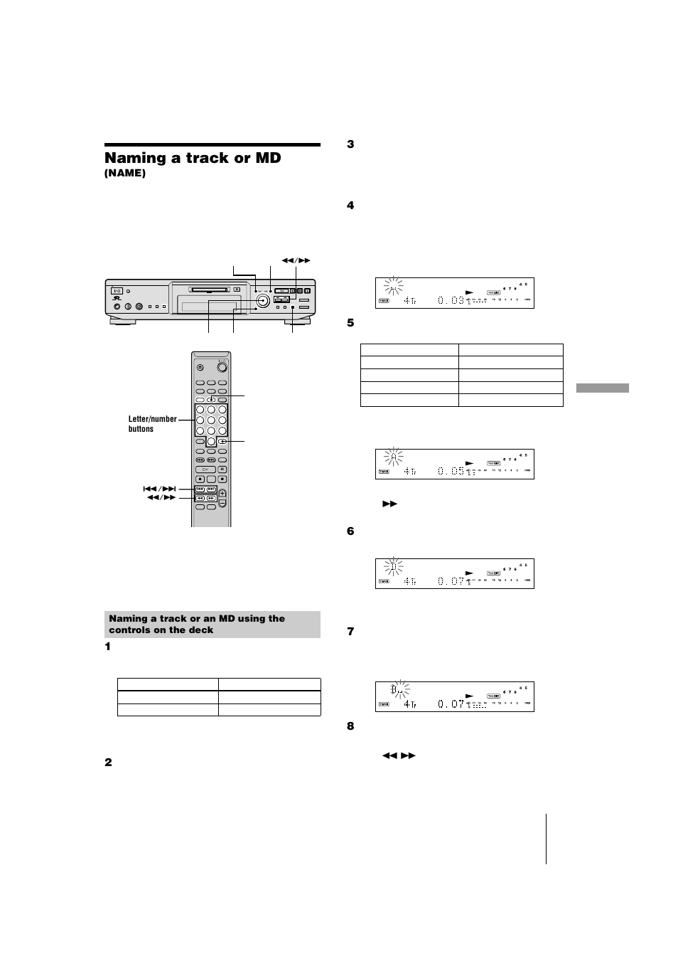 Naming a track or md, Naming a track or md (name) 35 | Sony MDS-JE440 User Manual | Page 35 / 60