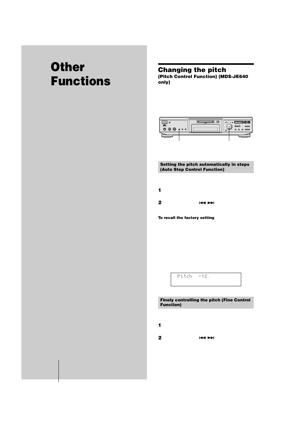 Other functions, Changing the pitch, Only) 40 | Y) (40) | Sony MDS-JE440 User Manual | Page 40 / 60