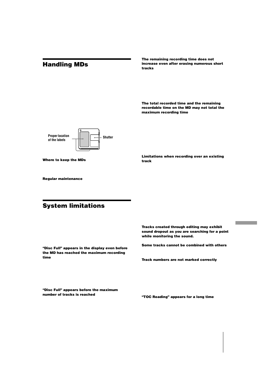 Handling mds, System limitations | Sony MDS-JE440 User Manual | Page 51 / 60