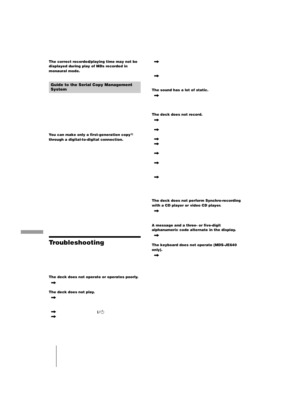 Troubleshooting | Sony MDS-JE440 User Manual | Page 52 / 60