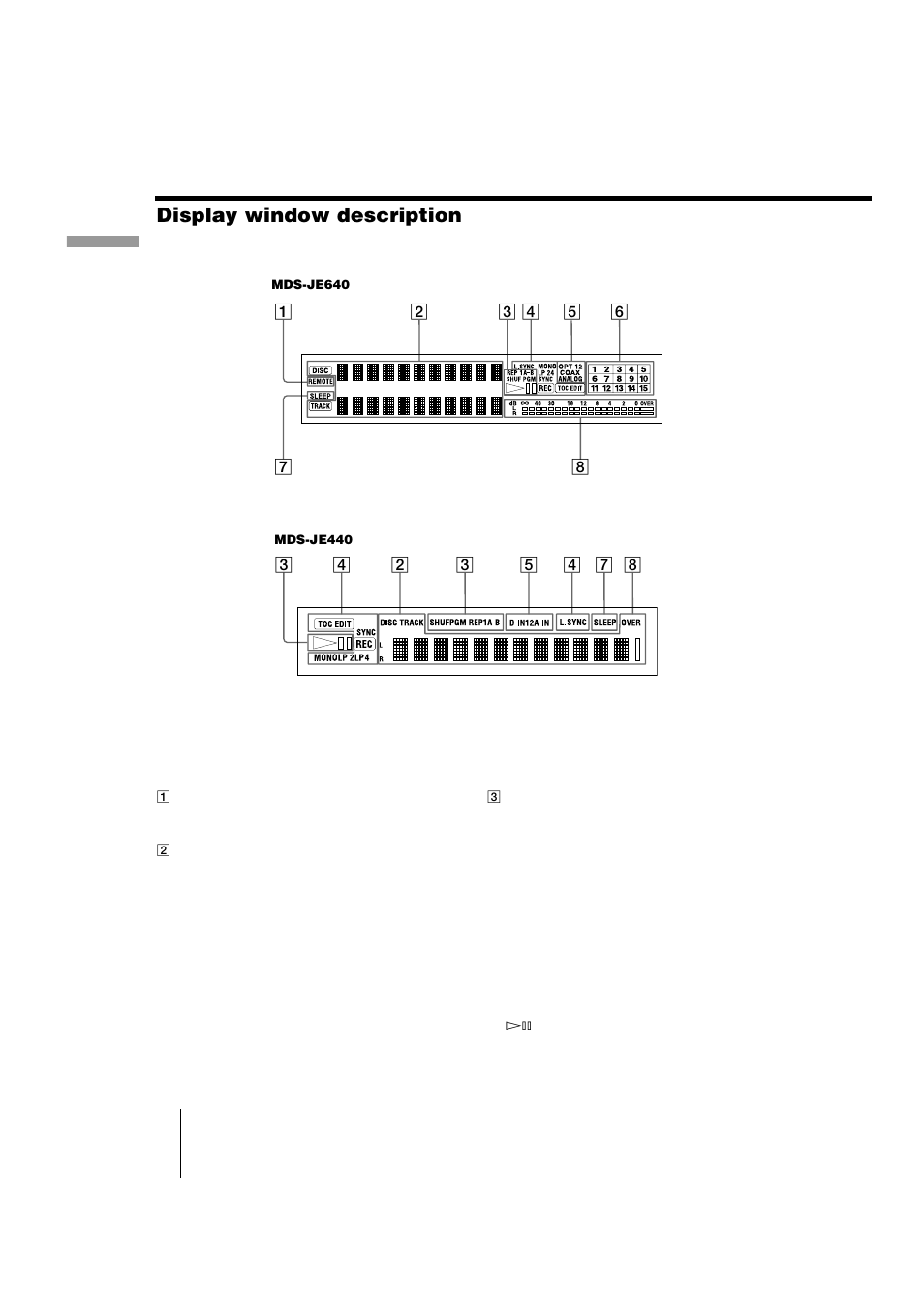 Display window description, Display window description 8 | Sony MDS-JE440 User Manual | Page 8 / 60