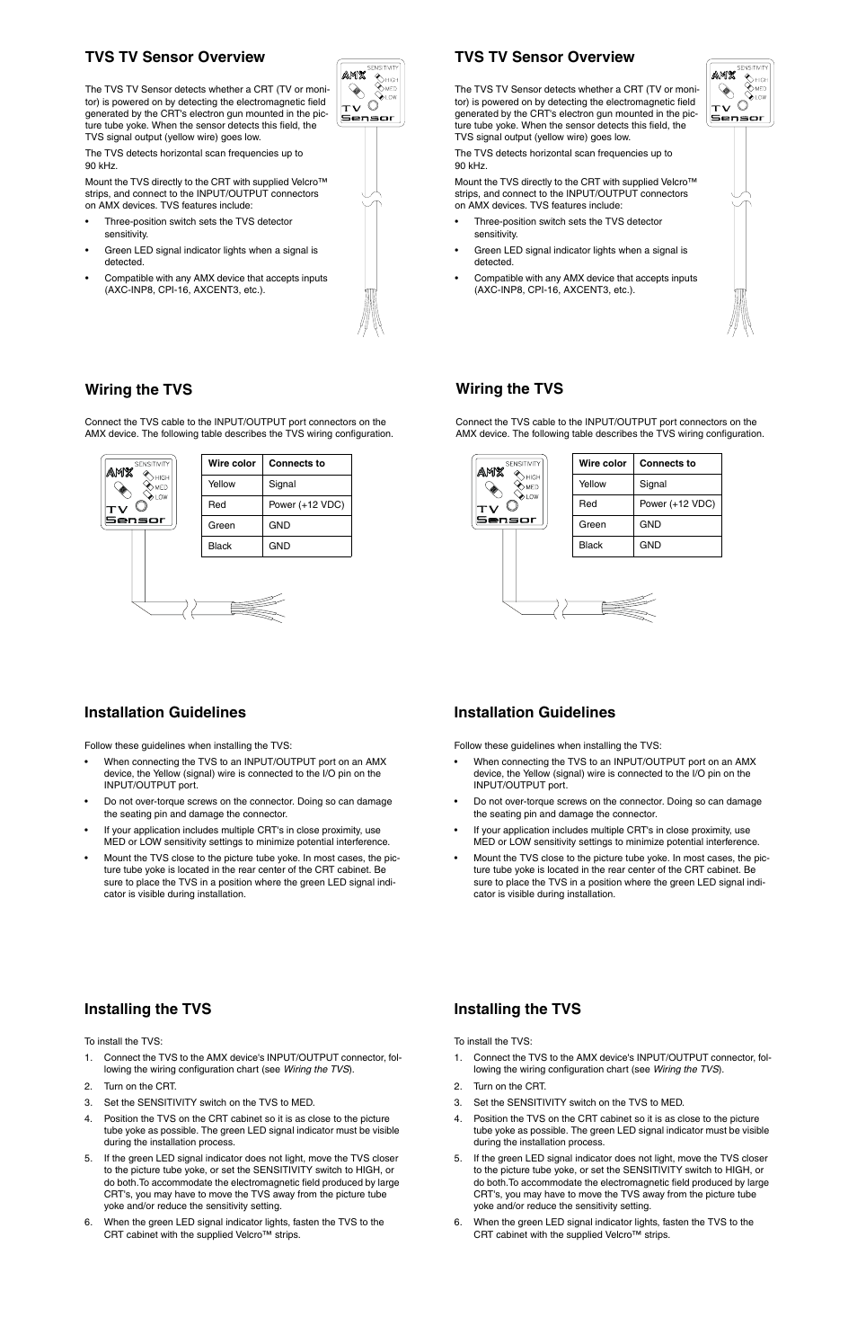 Installation guidelines, Wiring the tvs, Tvs tv sensor overview | Installing the tvs | AMX TVS User Manual | Page 4 / 8