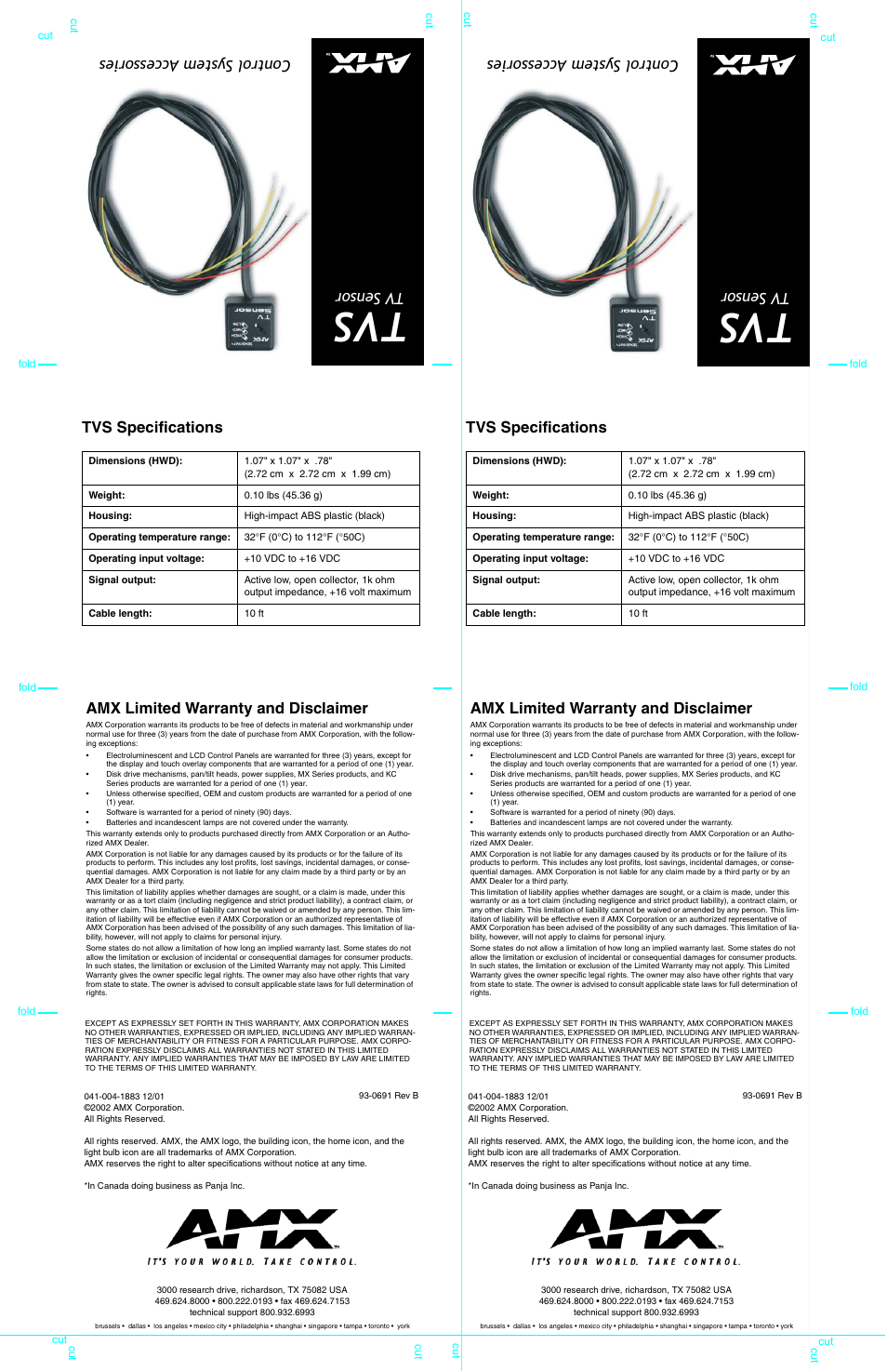 Tvs specifications, Tv sensor control system accessories, Amx limited warranty and disclaimer | AMX TVS User Manual | Page 6 / 8