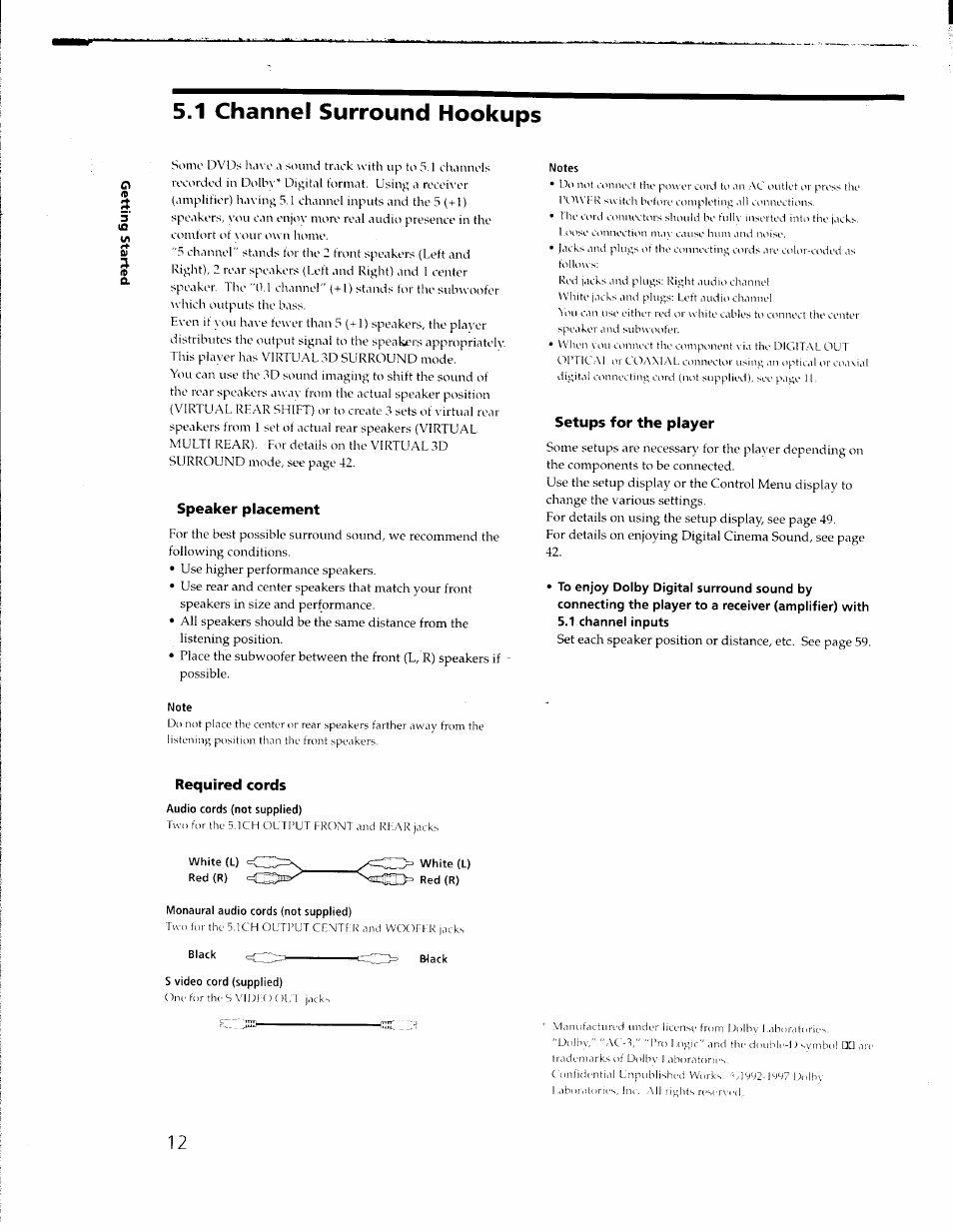 1 channel surround hookups, Speaker placement, Setups for the player | 1 channel inputs, Required cords | Sony DVP-C650D User Manual | Page 12 / 76