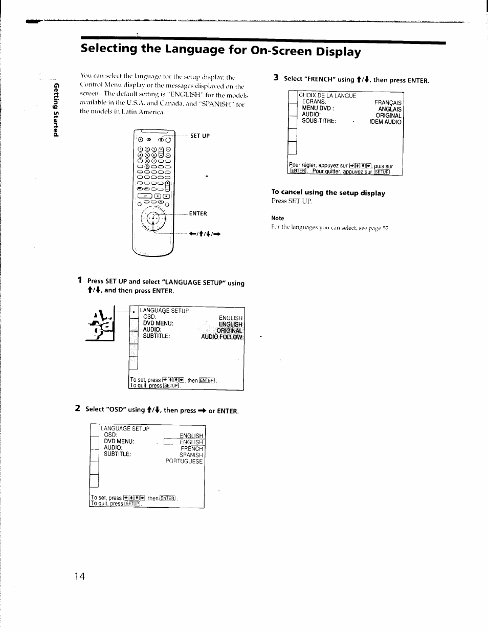 Selecting the language for on-screen display, 3 select "french" using then press enter, To cancel using the setup display | 2 select "osd" using then press ^ or enter | Sony DVP-C650D User Manual | Page 14 / 76
